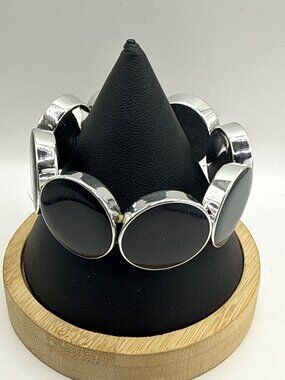 Silver Black Onyx Oval Cabochon Stretch Cuff Bracelet